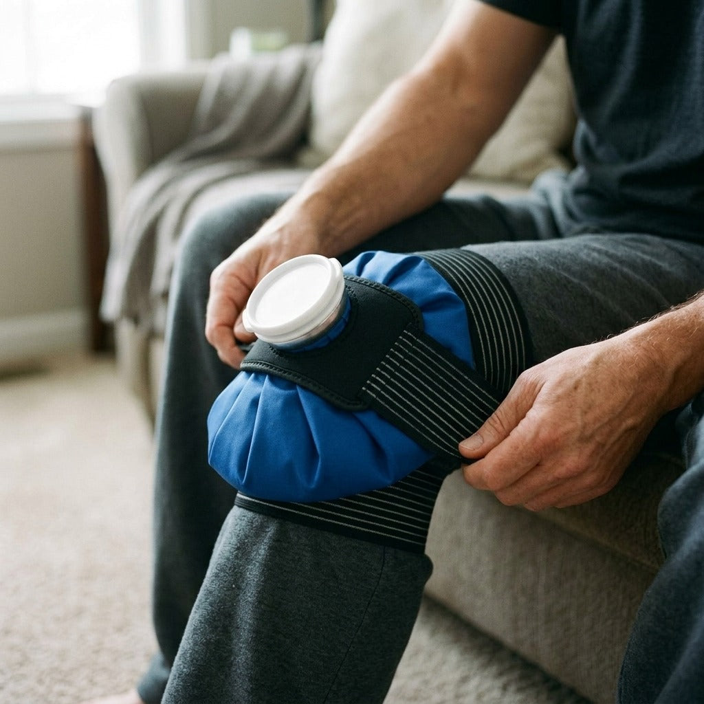 Reusable Hot and Cold Pack with Elastic Wrap - in use