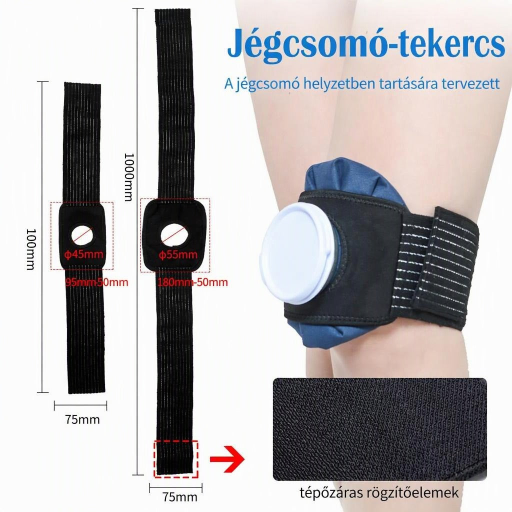 Jégcsomó-tekercs tépőzáras rögzítőelemekkel és méretadatokkal