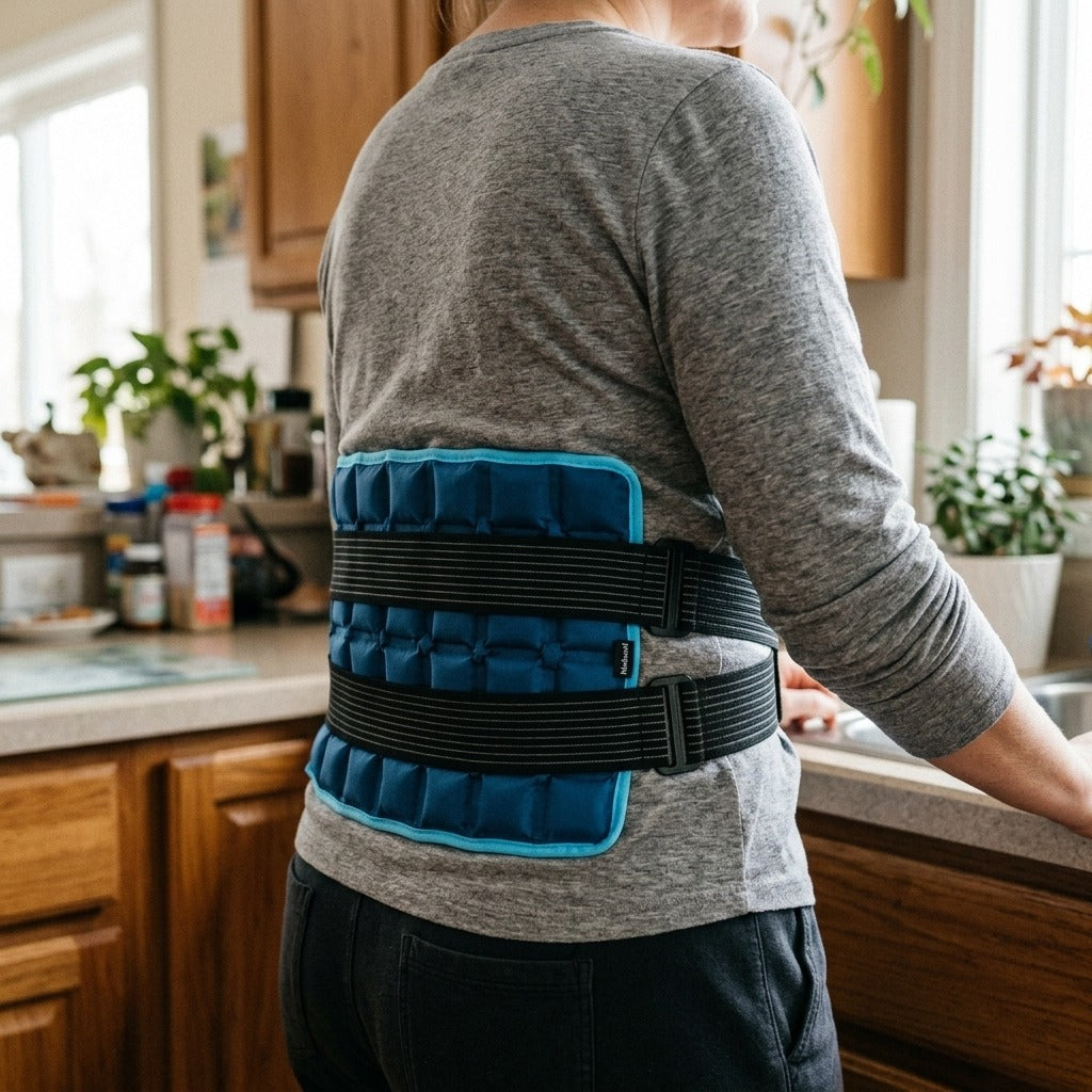 Reusable Hot & Cold Therapy Wrap with Two Straps - in use