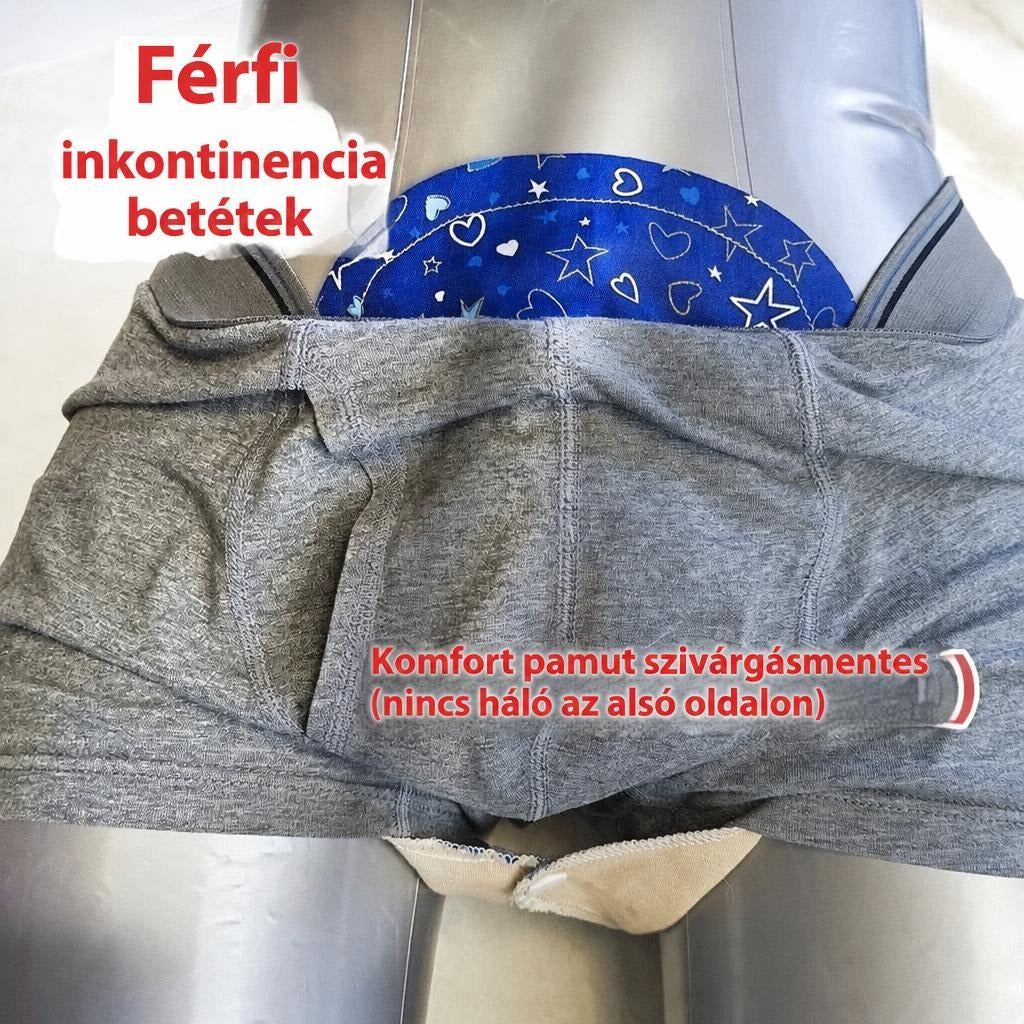 Férfi mosható inkontinencia betét szürke alsóneműben bemutatva.