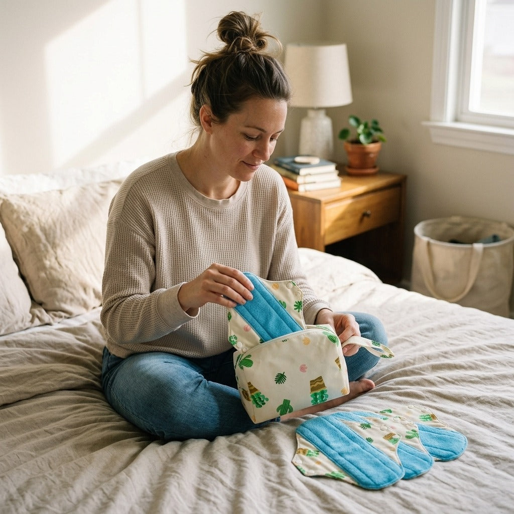 Reusable Polar Fleece Pads with Mini Wet Bag - at home