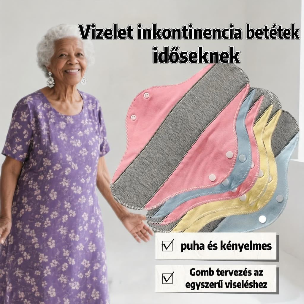 Mosható vizelet-inkontinencia betétek időseknek, puha és kényelmes kivitelben patentos rögzítéssel.