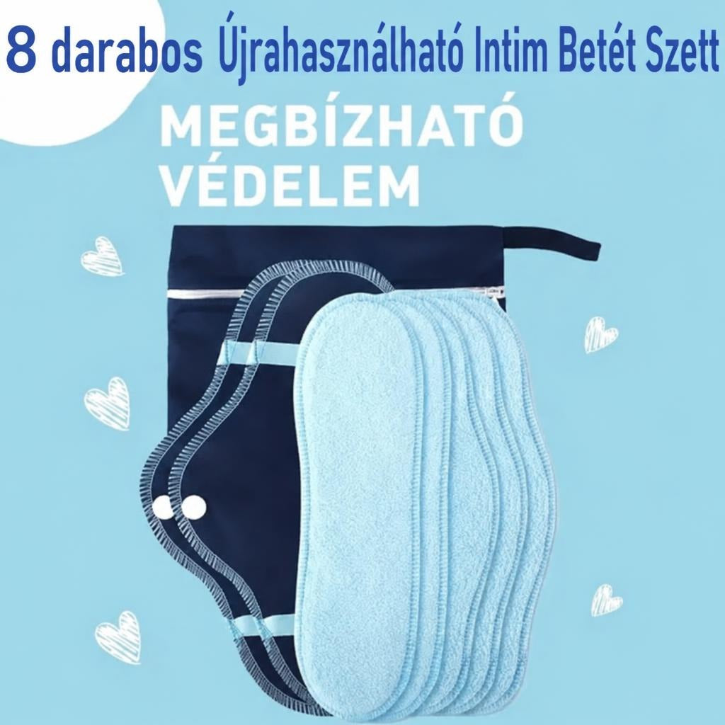 8 darabos újrahasználható intim betét szett tartótasakkal világoskék háttér előtt.