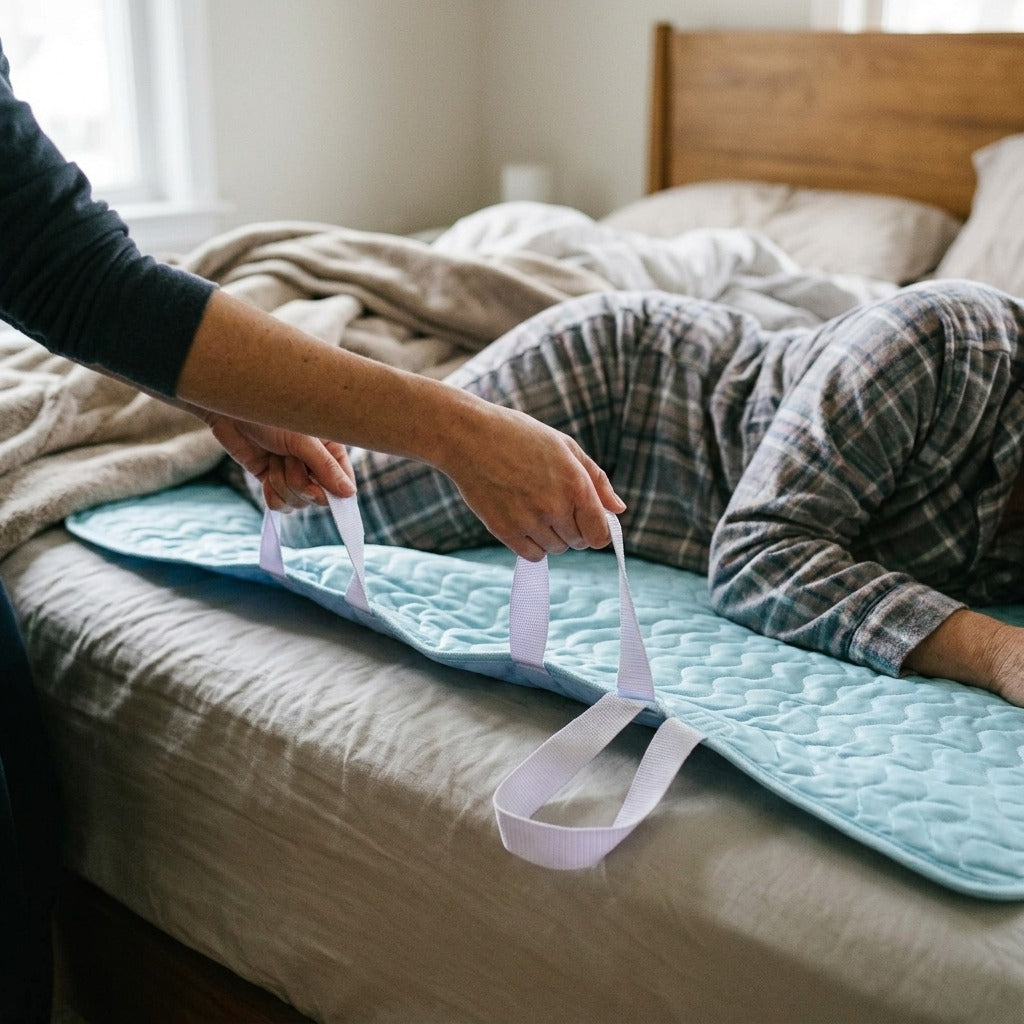 Reusable Waterproof Bed Pad with Handles - in use