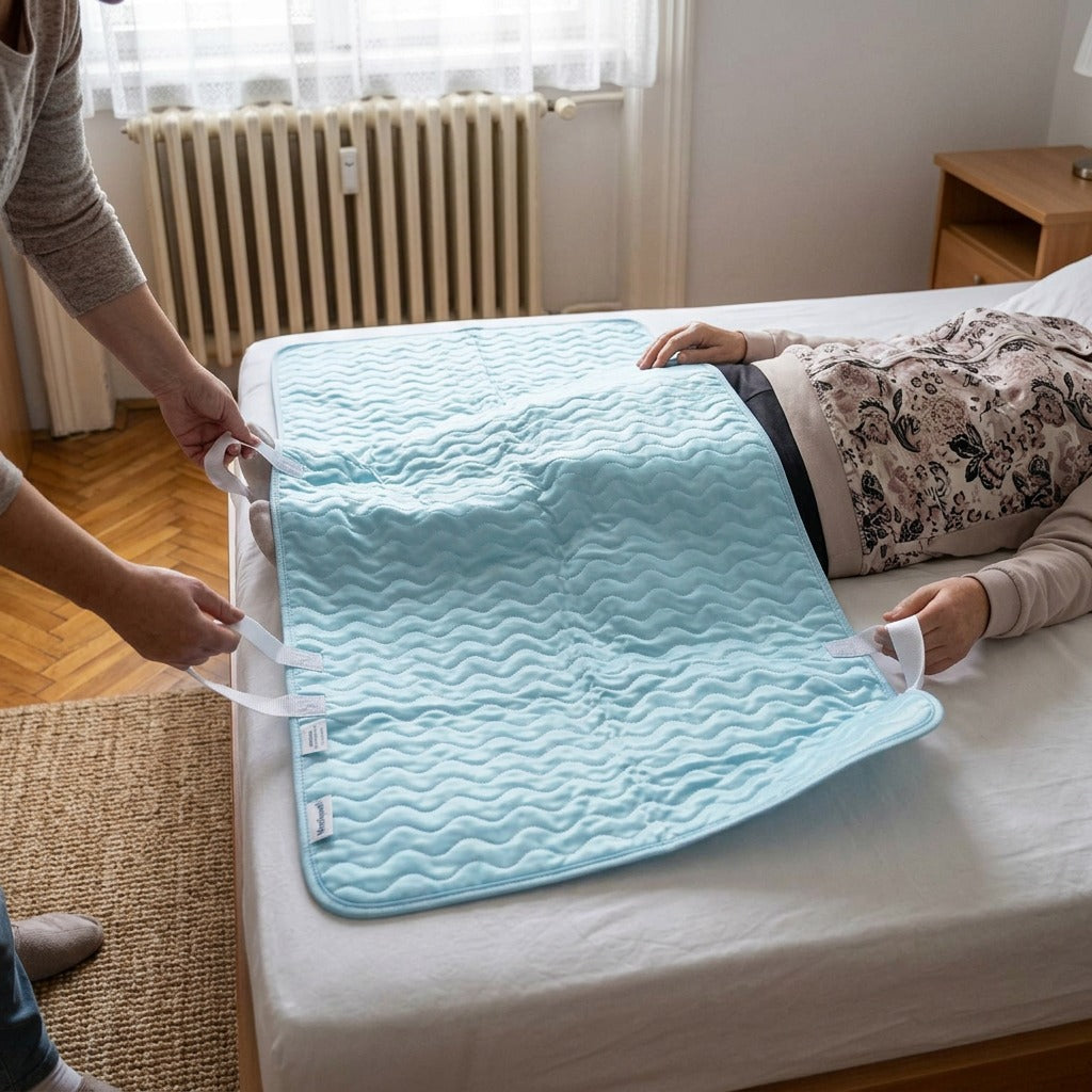 Újrahasználható, vízálló ágybetét fogantyúkkal - használat közben