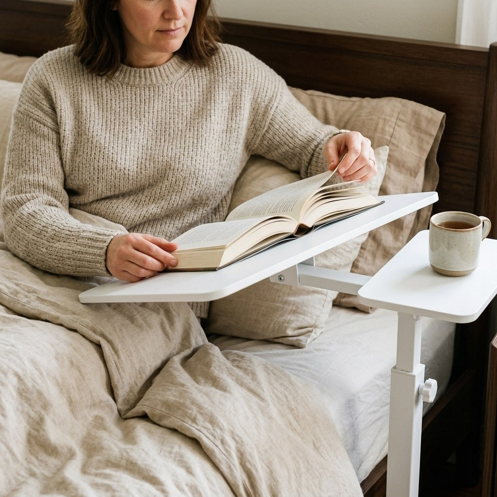 Rolling Overbed Table with Adjustable Tilt Top - in use