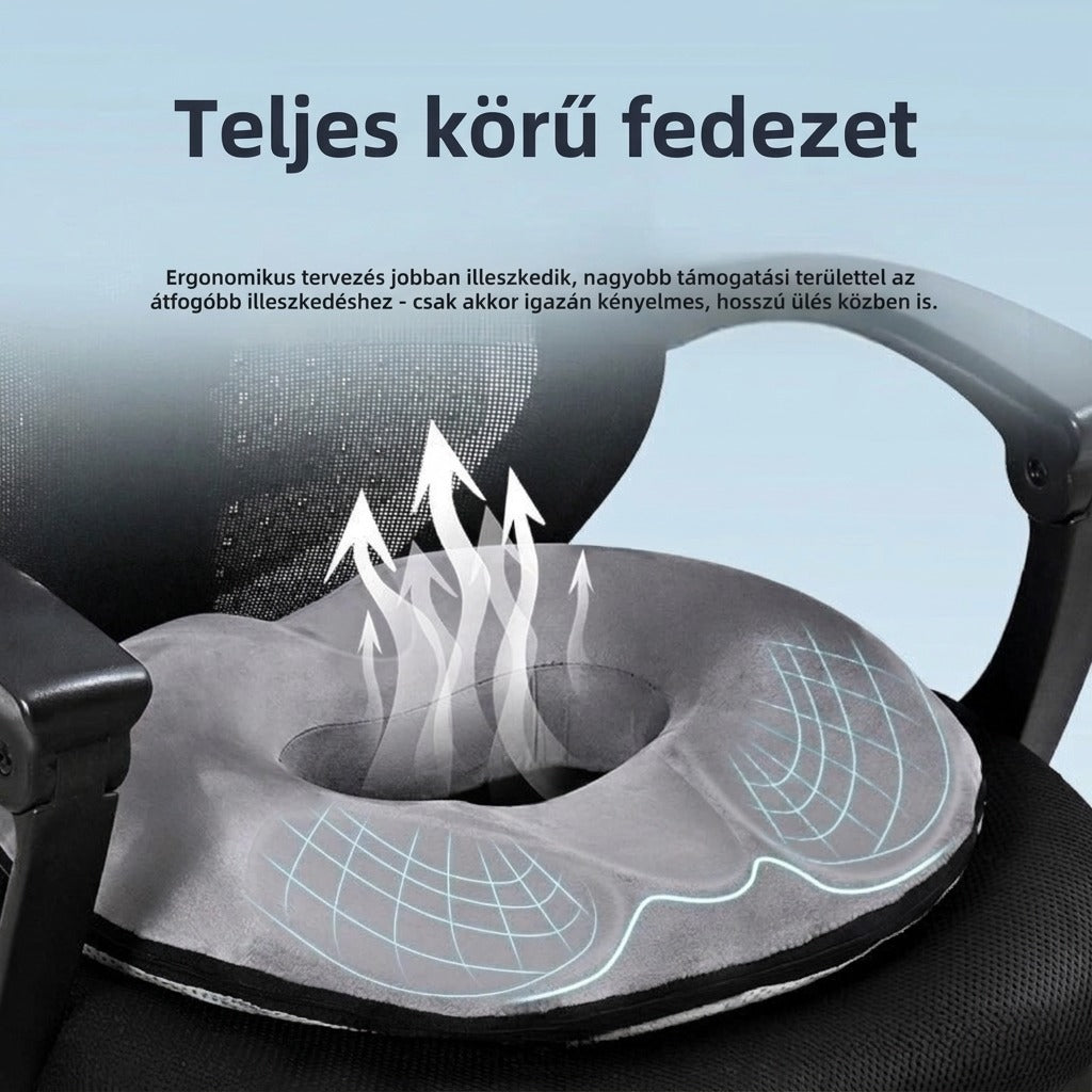 Ergonomikus szürke ülőpárna irodai széken, szellőzést jelző nyilakkal.