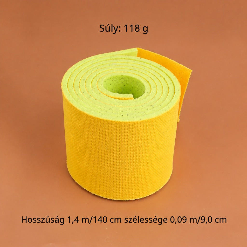 Összetekert sárga habszivacs szalag barna háttér előtt méretekkel és súllyal.