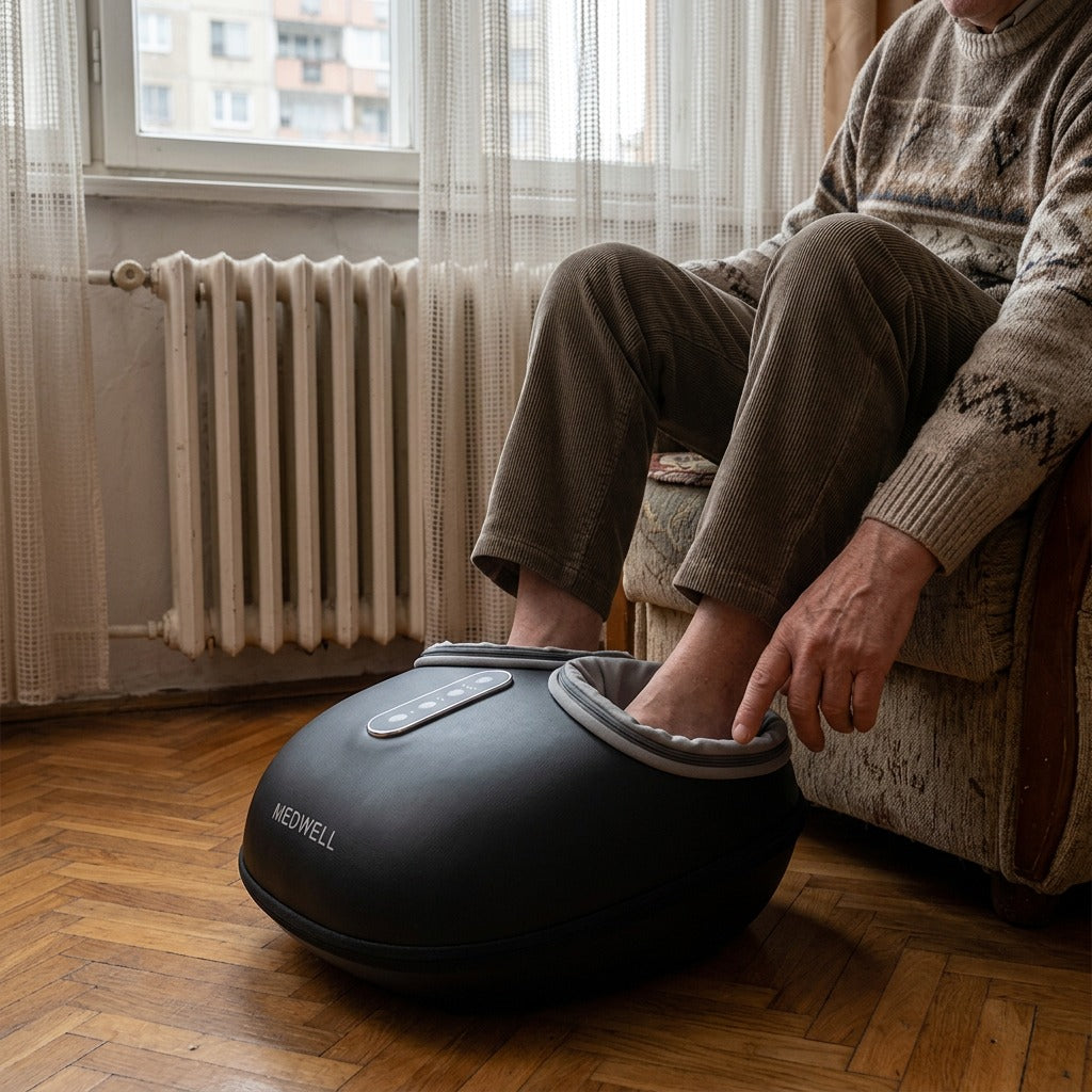 Shiatsu lábmasszírozó melegítéssel és görgőkkel - használat közben