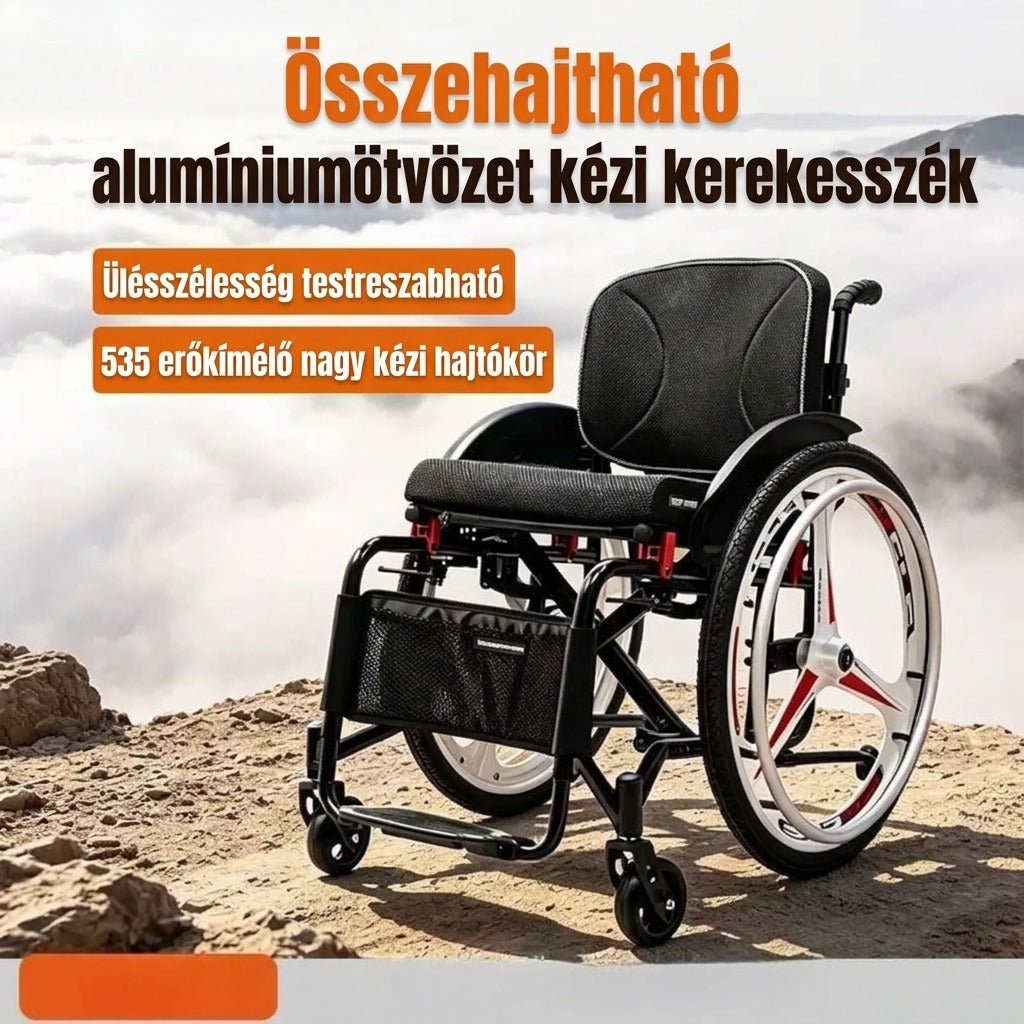 Összehajtható alumínium kézi kerekesszék hegyi háttér előtt.