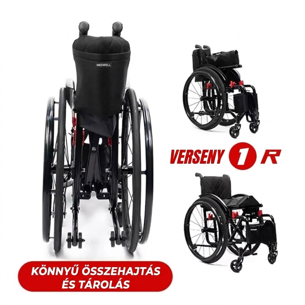 Összecsukható Medwell Verseny 1R kerekesszék különböző nézetekből.