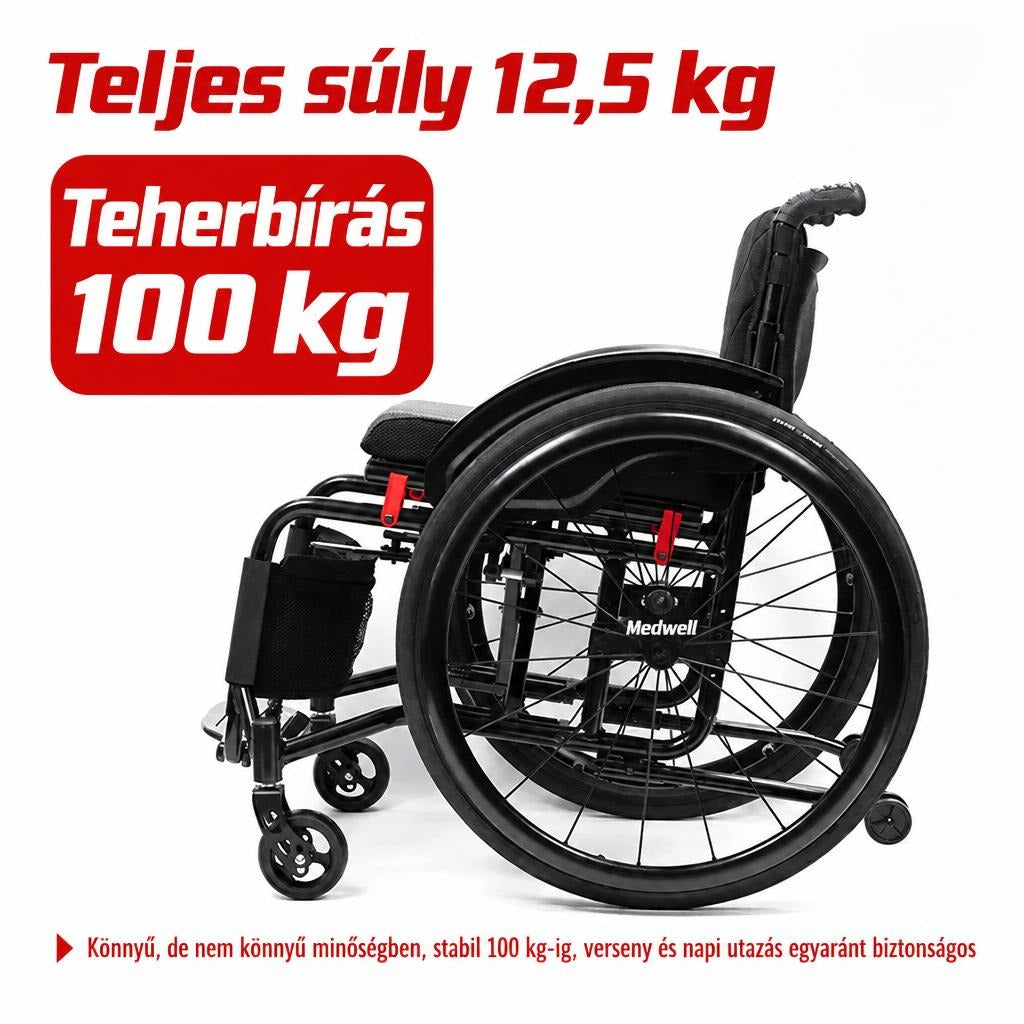 Medwell kerekesszék 12,5 kg-os súllyal és 100 kg-os teherbírással.