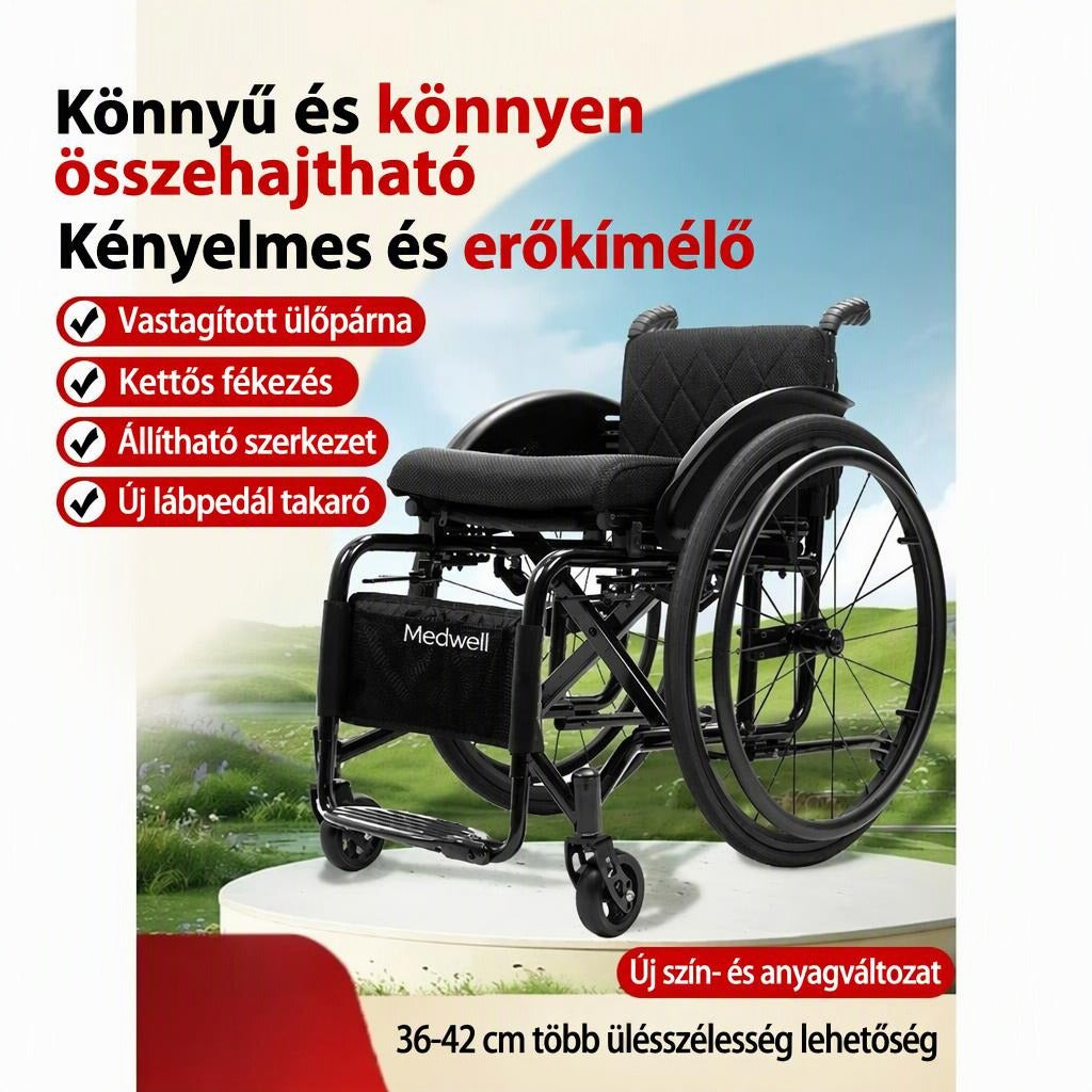 Medwell összecsukható kerekesszék vastagított ülőpárnával és funkcióleírásokkal.