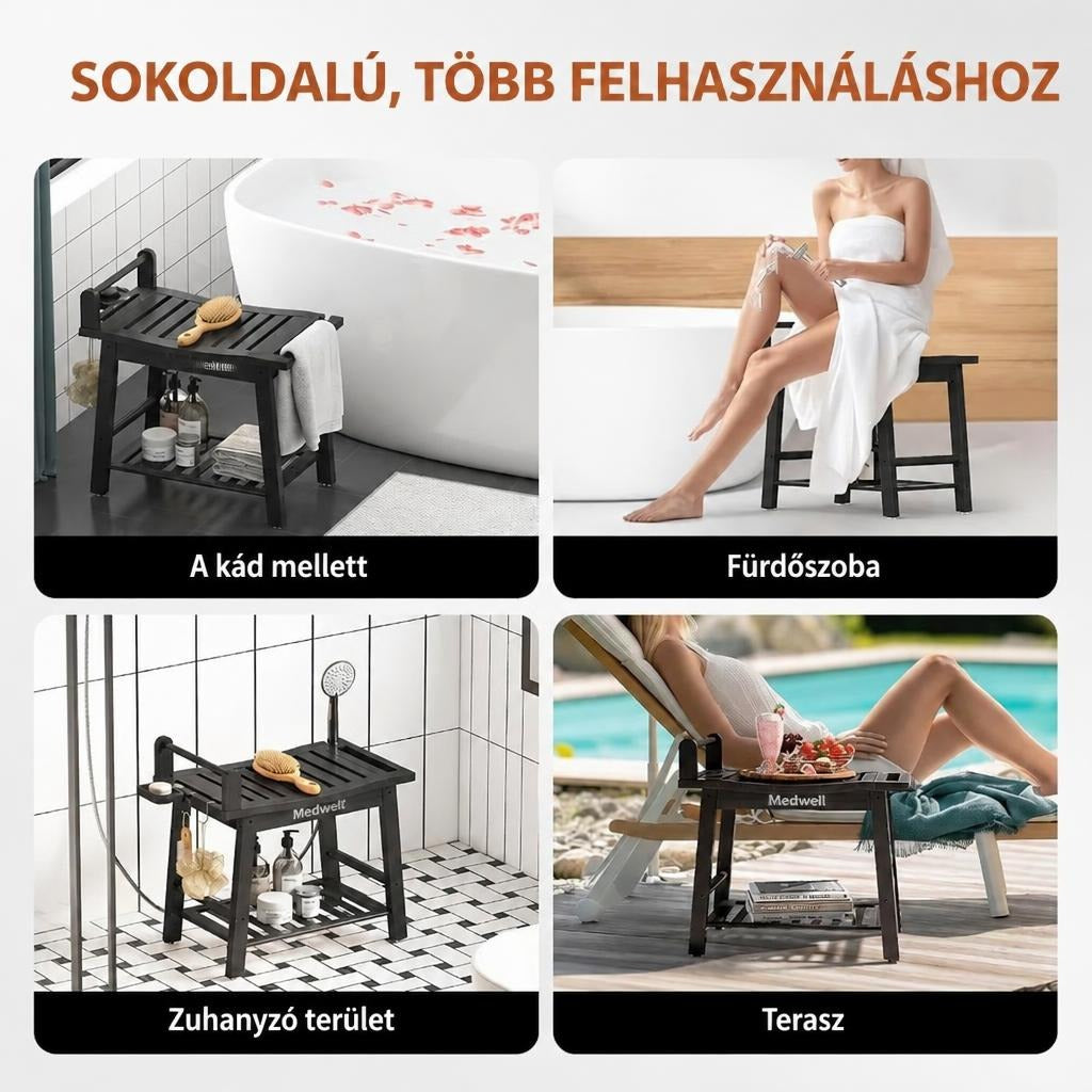 Sokoldalú fekete fürdőszobai és kerti ülőke négy különböző helyszínen bemutatva.