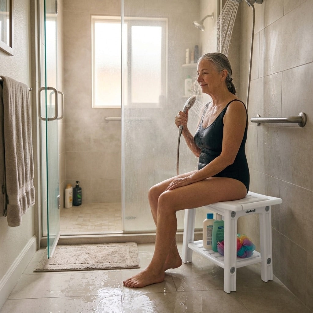 Shower Bench with Two Storage Spaces and Dual Handles - in everyday life