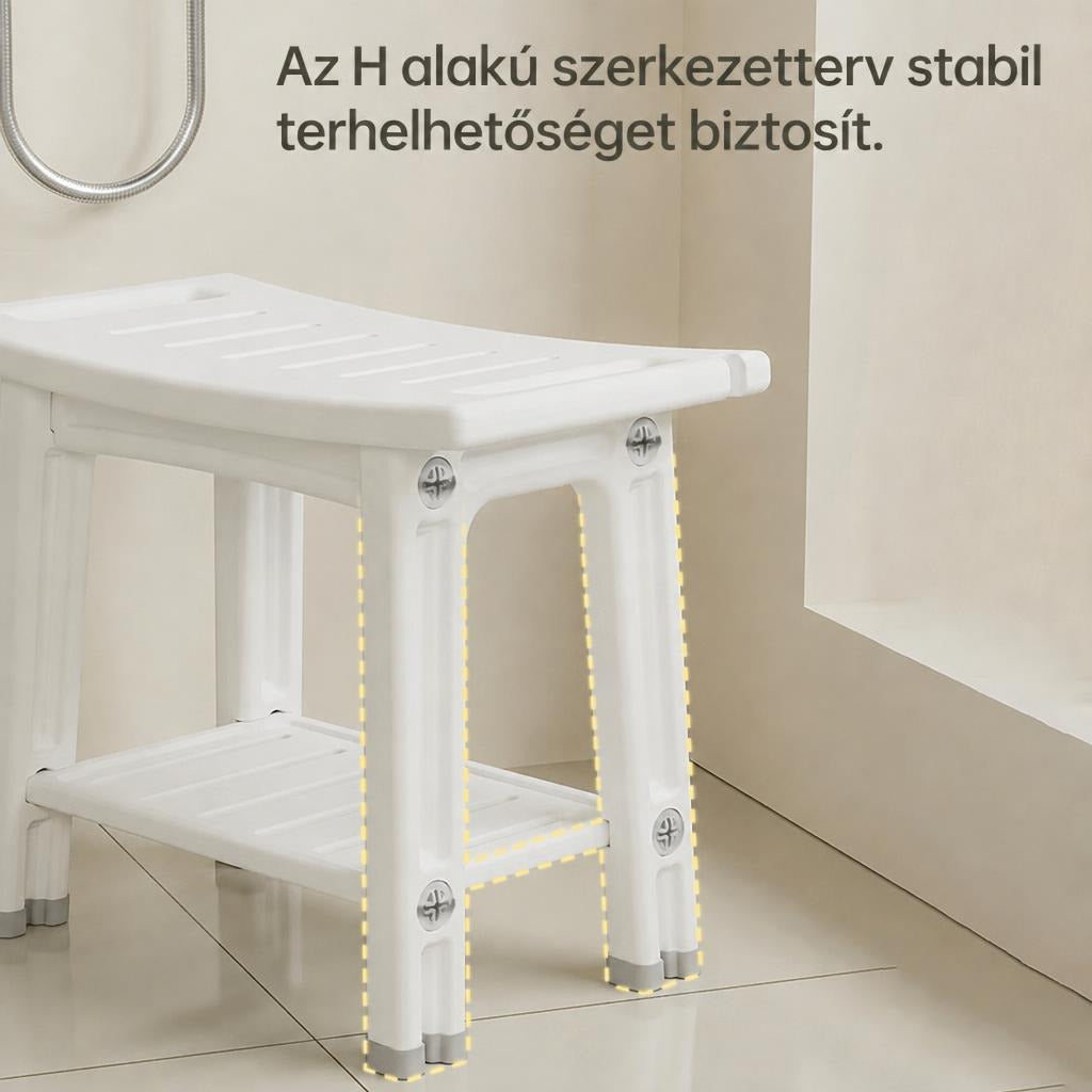 Fehér zuhanyszék stabil, H alakú lábszerkezettel a fürdőszobában.