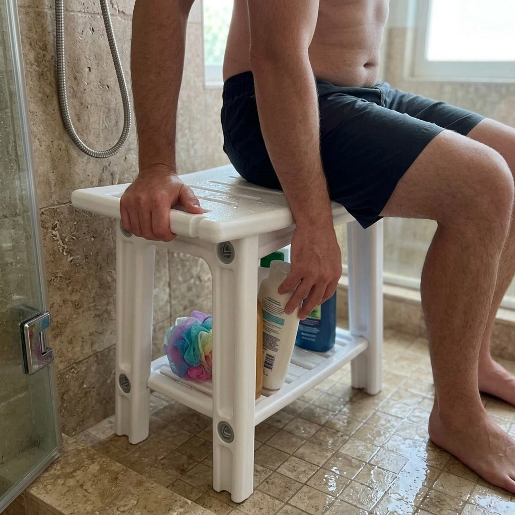 Shower Bench with Two-Tier Storage - in use