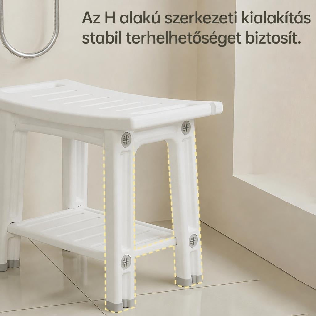 Fehér zuhanyszék stabil H alakú lábszerkezettel a fürdőszobában.
