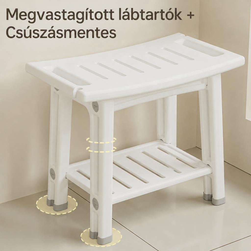 Fehér műanyag zuhanyszék megerősített lábakkal és csúszásmentes gumitalpakkal.