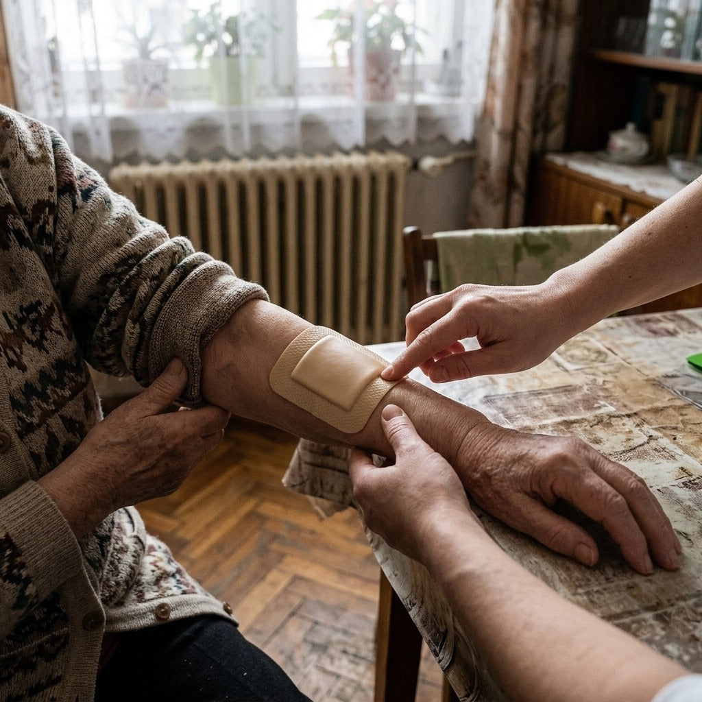 Szilikonhab kötszer, öntapadó szegéllyel, vízálló, nedvszívó - használat közben
