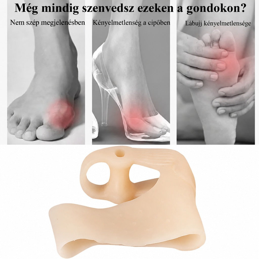Szilikon lábujjkorrigáló és bütyökvédő, felette lábproblémákat illusztráló fotókkal.