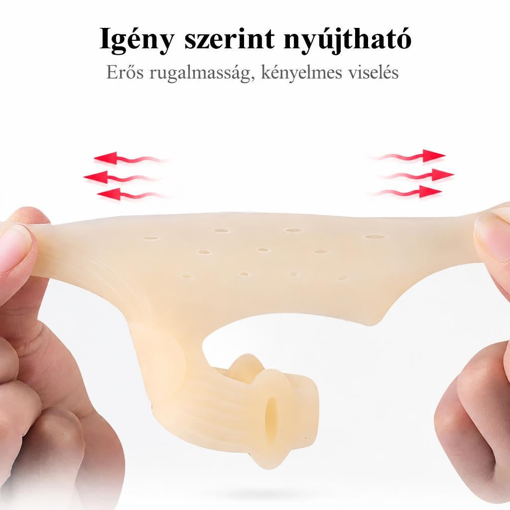Rugalmas szilikon bütyökvédő kézzel széthúzva bemutatva.