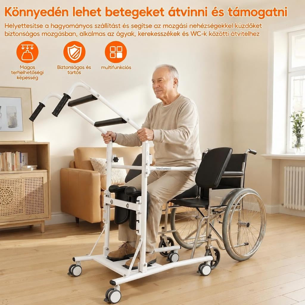 Idős férfi betegmozgató állvánnyal kerekesszék előtt a szobában.