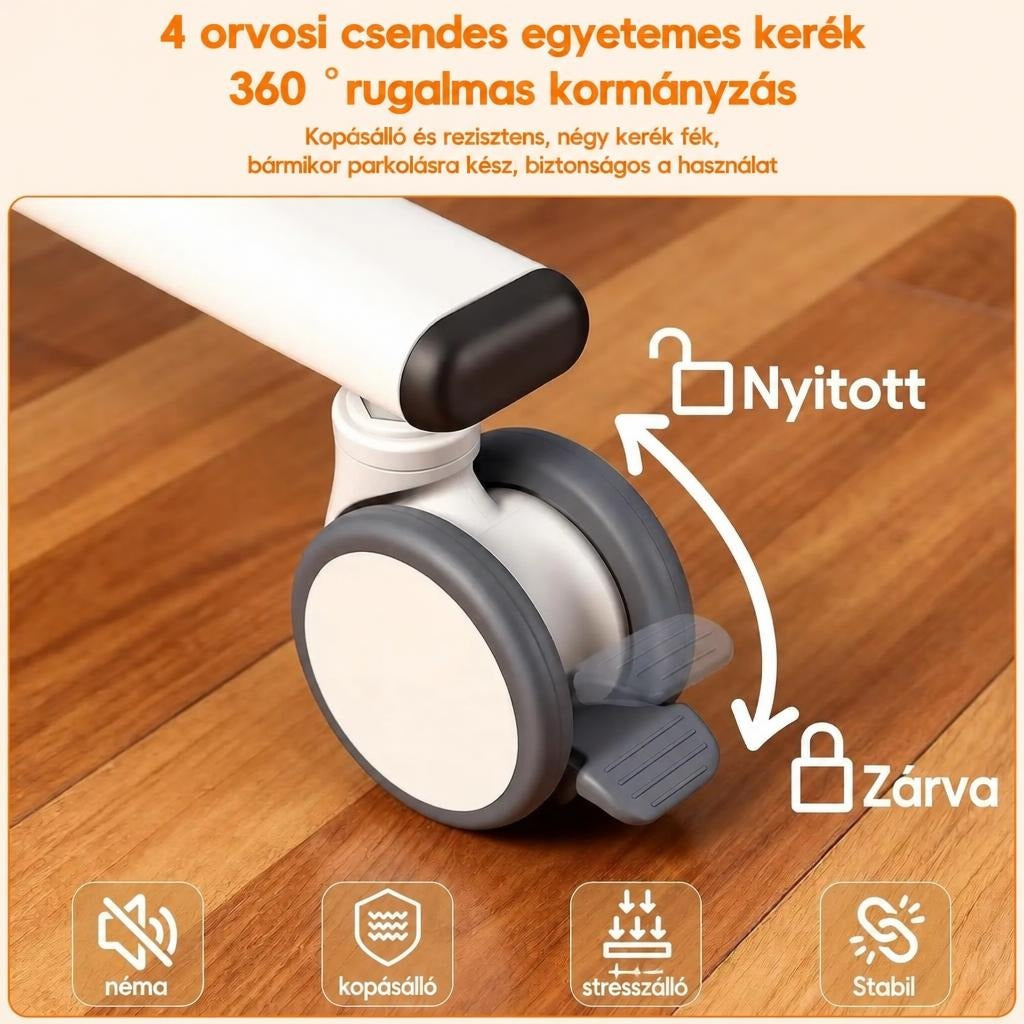 Orvosi csendes kerék fékkel és 360 fokos forgással, nyitott és zárt fékállás jelölésével.