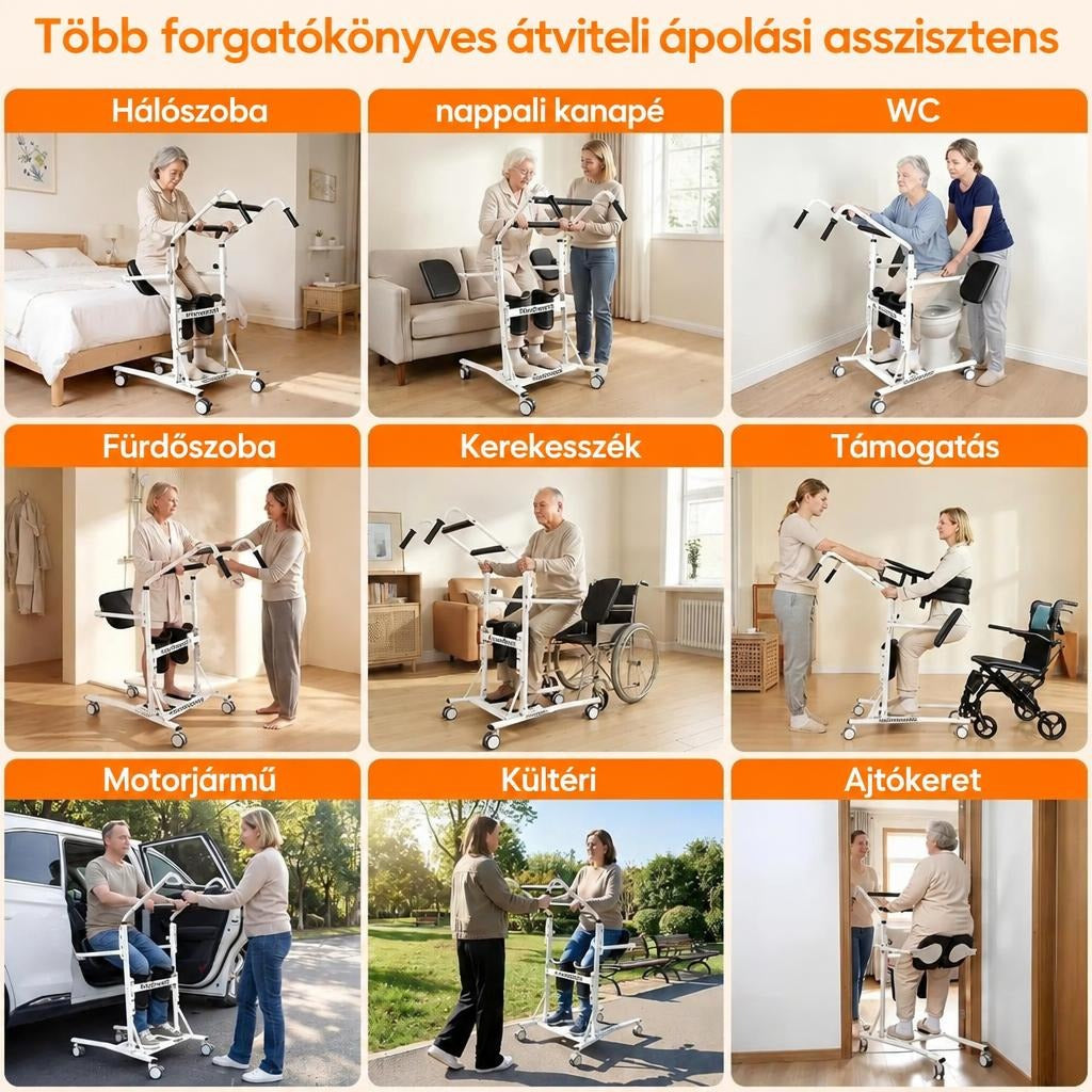 Betegmozgató és ápolási segédeszköz különféle élethelyzetekben való használatának bemutatása.
