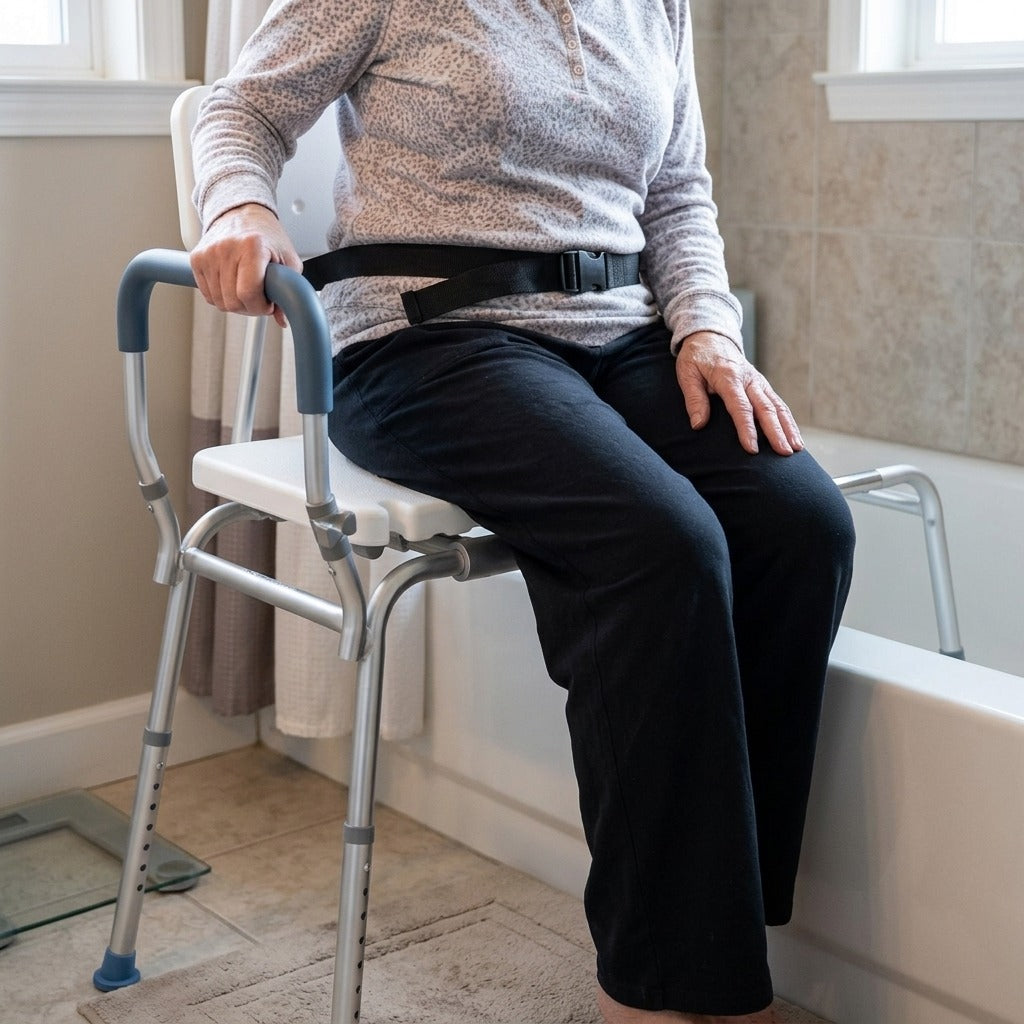 Sliding Shower Chair Tub Transfer Bench with Arms - in use
