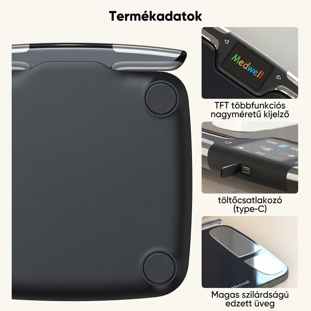 Termékadatok az okosmérlegről: TFT-kijelző, Type-C töltőcsatlakozó és edzett üveg felület.