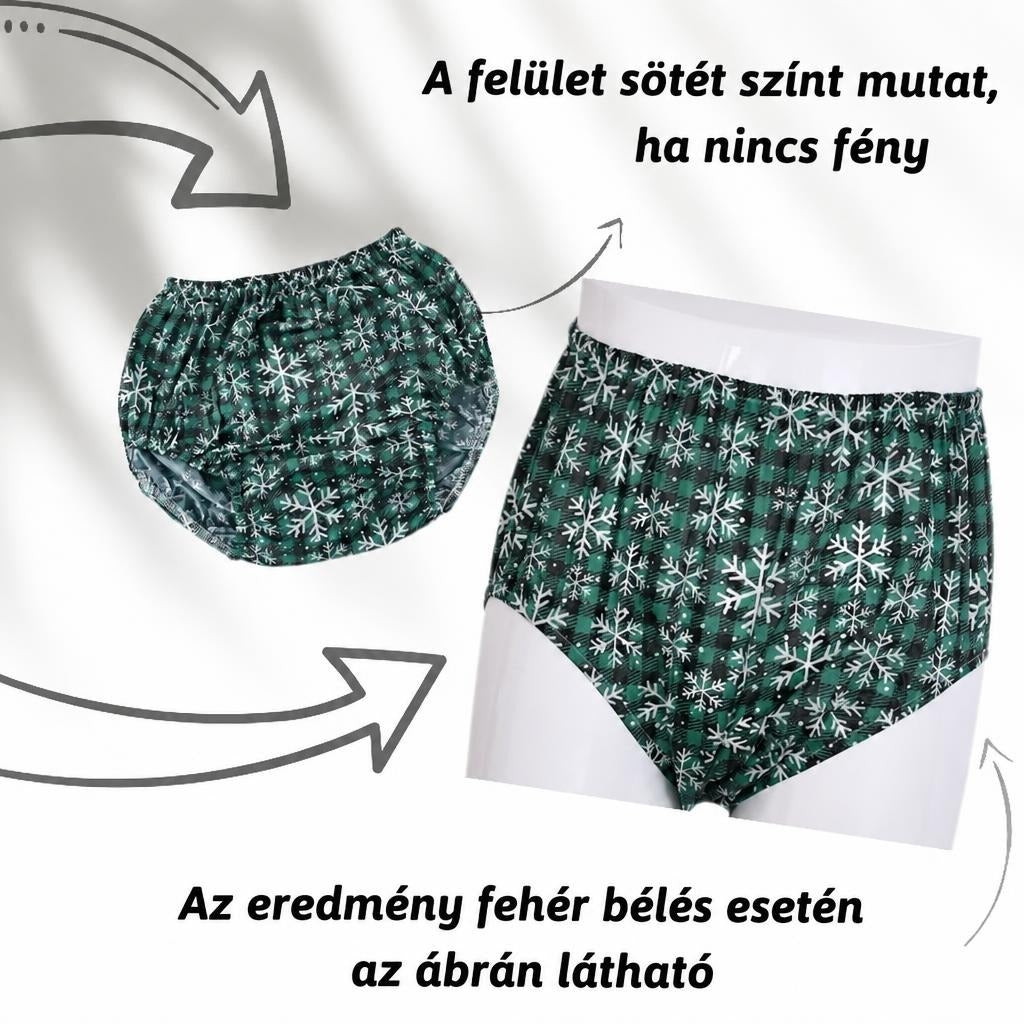 Hópelyhes mintájú felnőtt pelenkabugyi kiterítve és próbababán bemutatva.