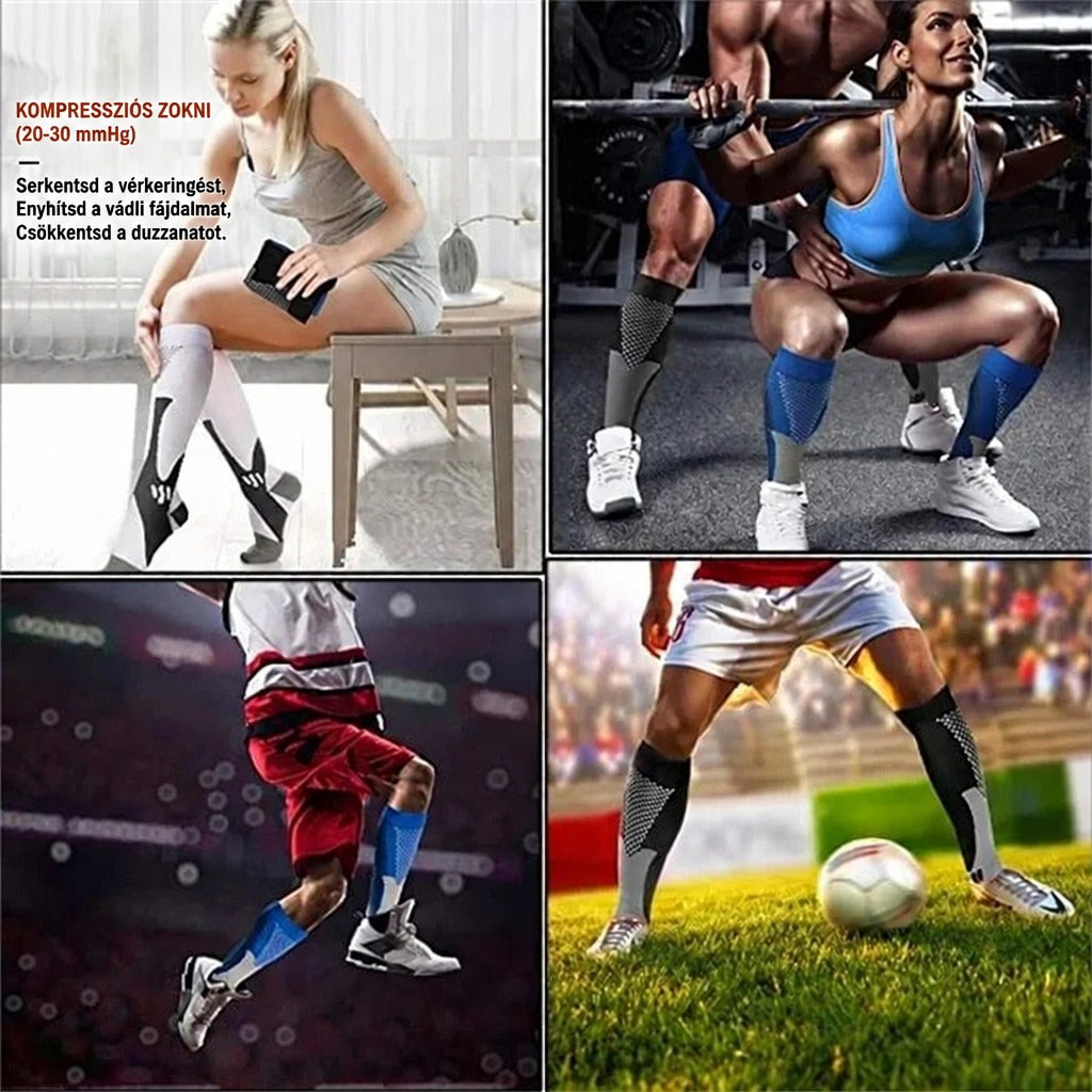 Sportolók és nő kompressziós zokniban edzés és pihenés közben.