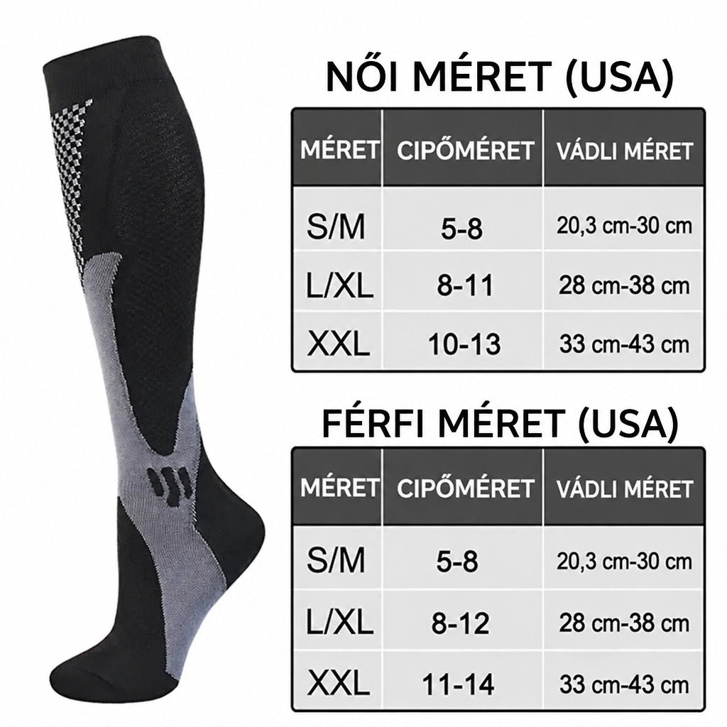Mérettáblázat női és férfi kompressziós zoknihoz cipőméret és vádliméret szerint.