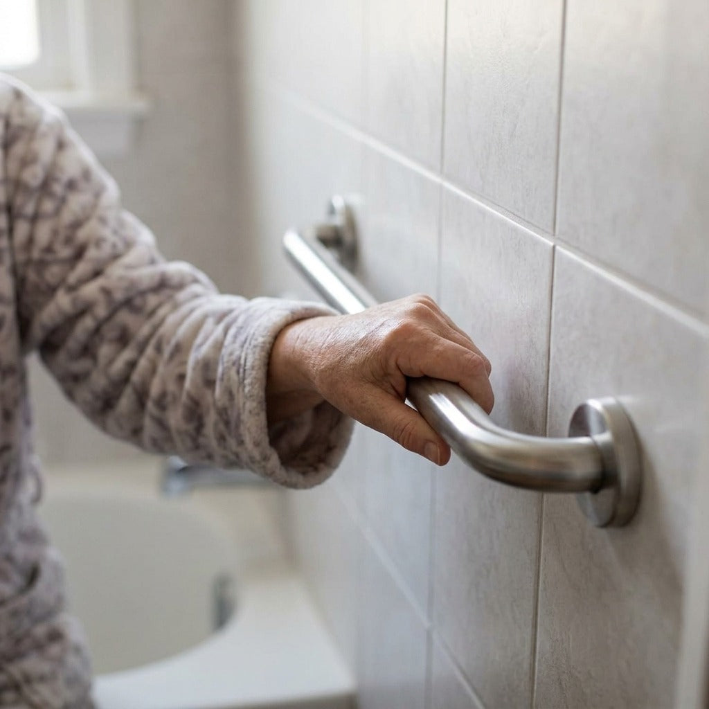 Stainless Steel Bathroom Grab Bar - in use