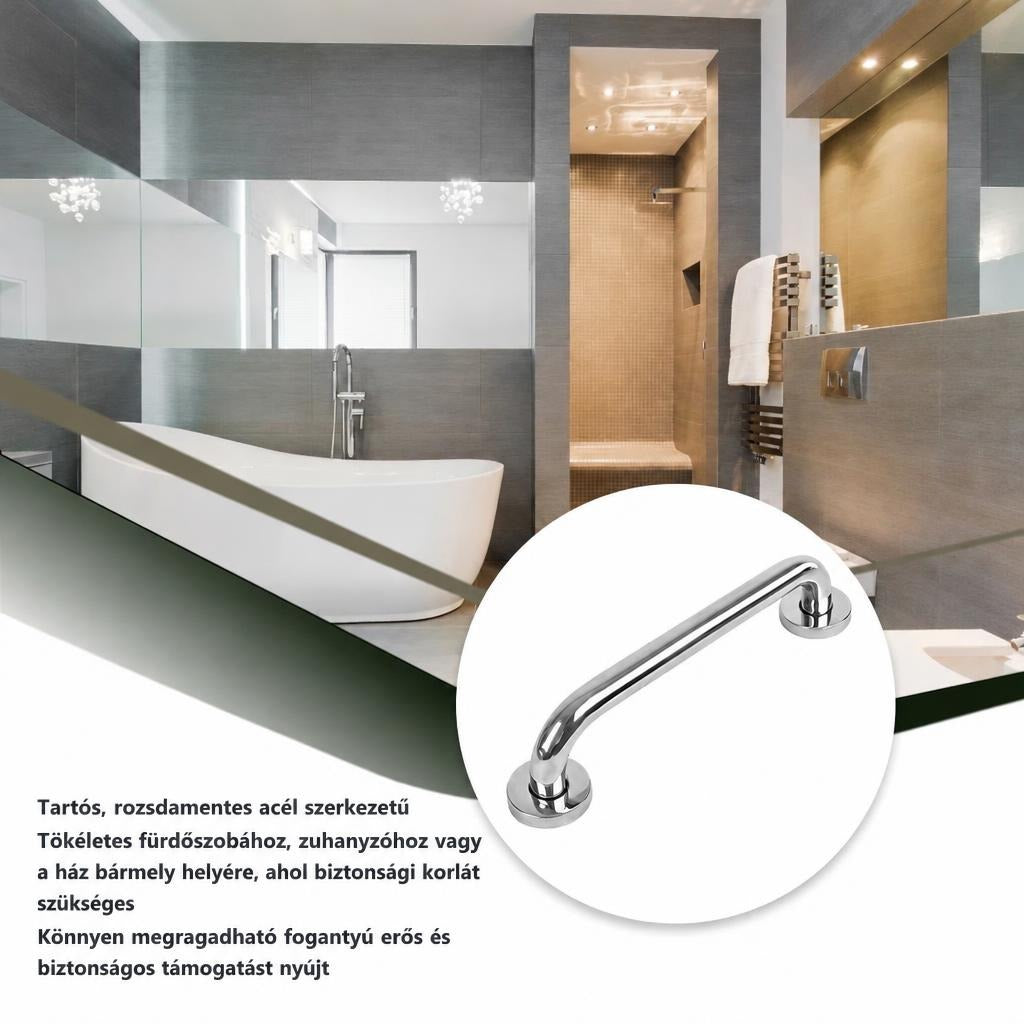 Rozsdamentes acél biztonsági kapaszkodó modern fürdőszobai háttérrel.