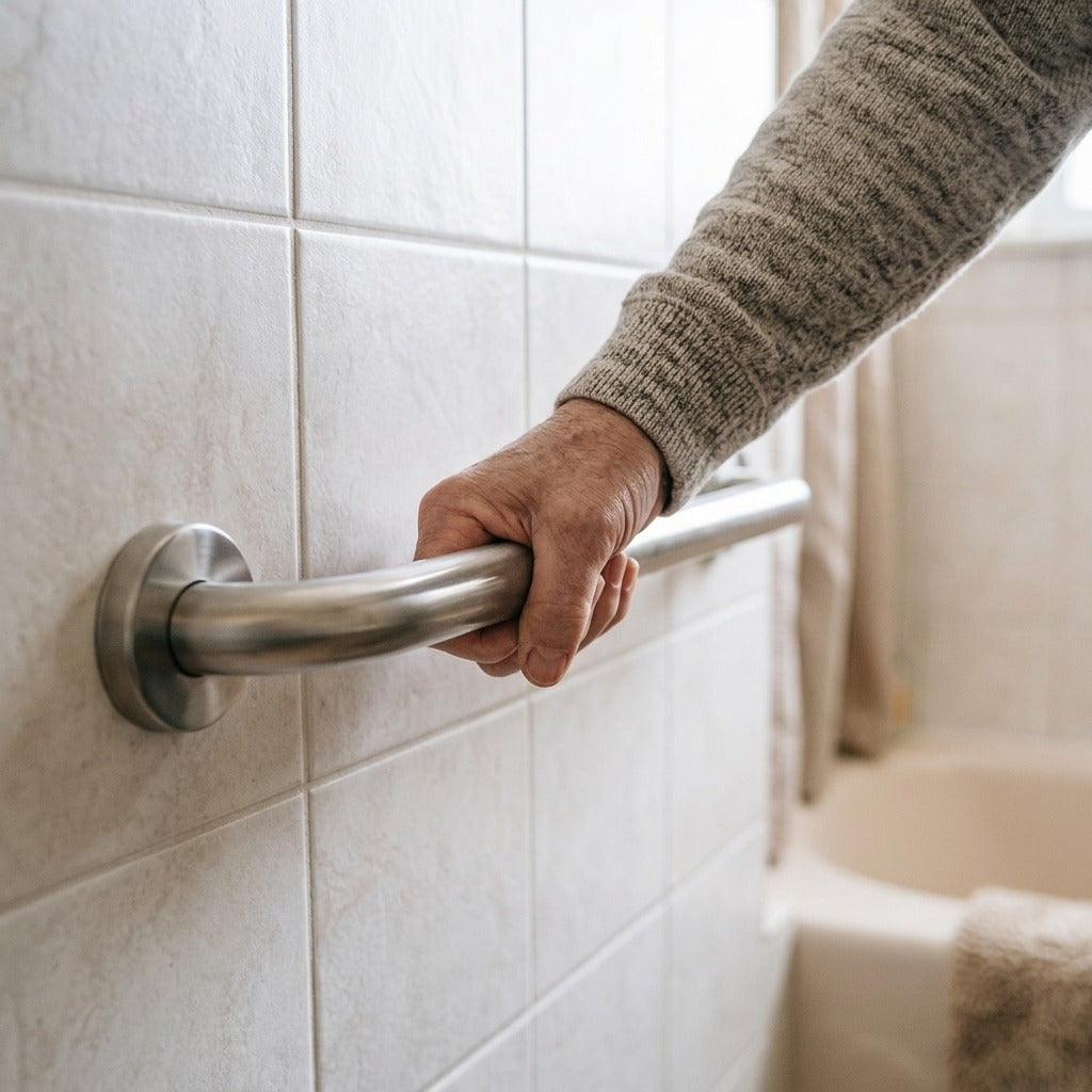 Stainless Steel Bathroom Grab Bar - in use