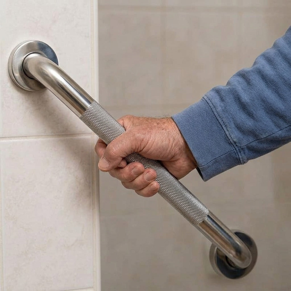 Stainless Steel Bathroom Grab Bar - in use