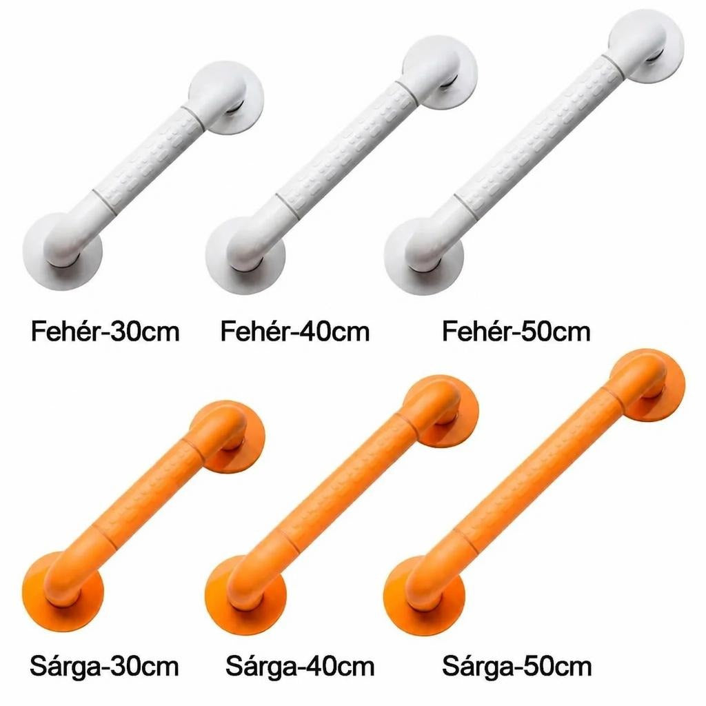 Fehér és sárga színű fürdőszobai kapaszkodók 30, 40 és 50 cm-es méretekben.