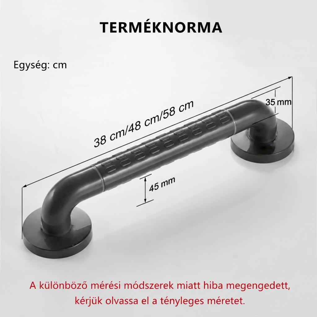 Fekete fali kapaszkodó méreteit és adatait bemutató ábra.