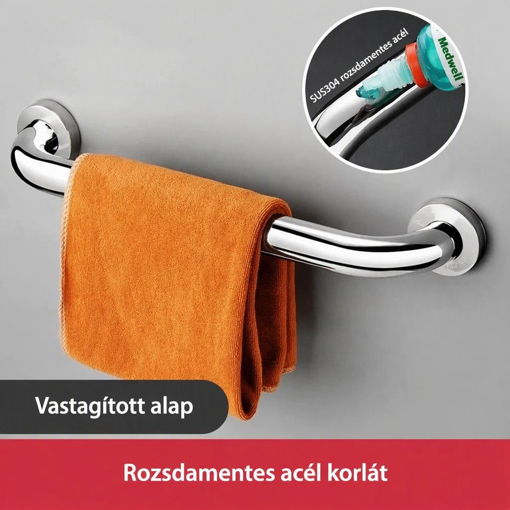 Falra szerelhető rozsdamentes acél kapaszkodó ráakasztott törölközővel.