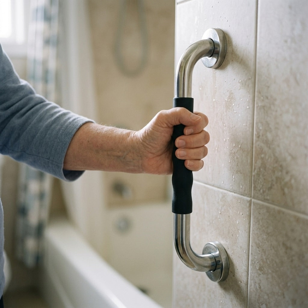 Stainless Steel Bathtub Grab Bar Set - in use