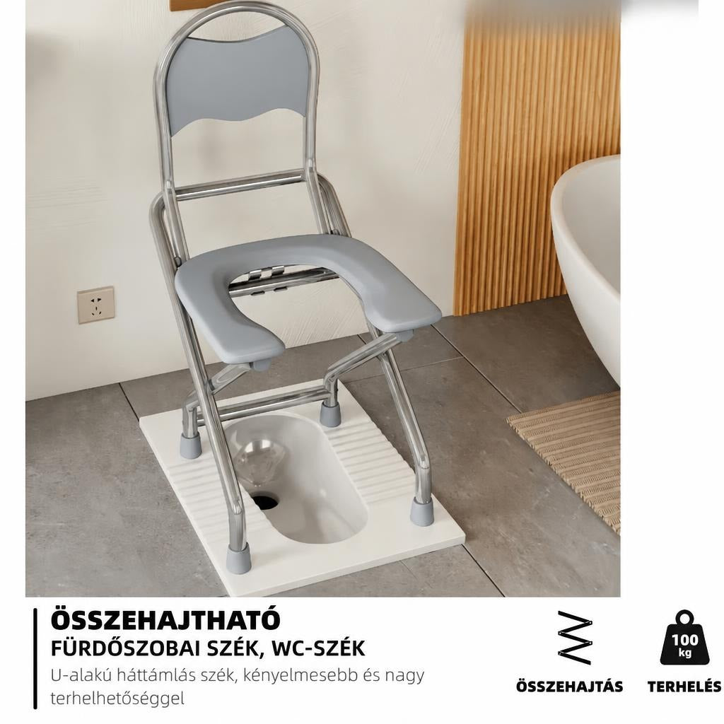Összehajtható fürdőszobai és WC-szék guggoló toalett fölé helyezve