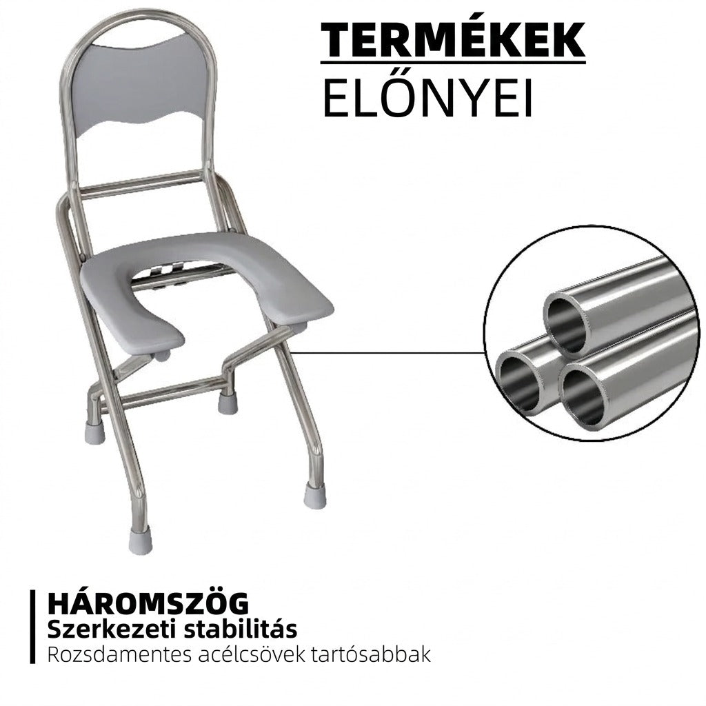 Összecsukható szoba- és zuhanyszék tartós rozsdamentes acél vázzal.