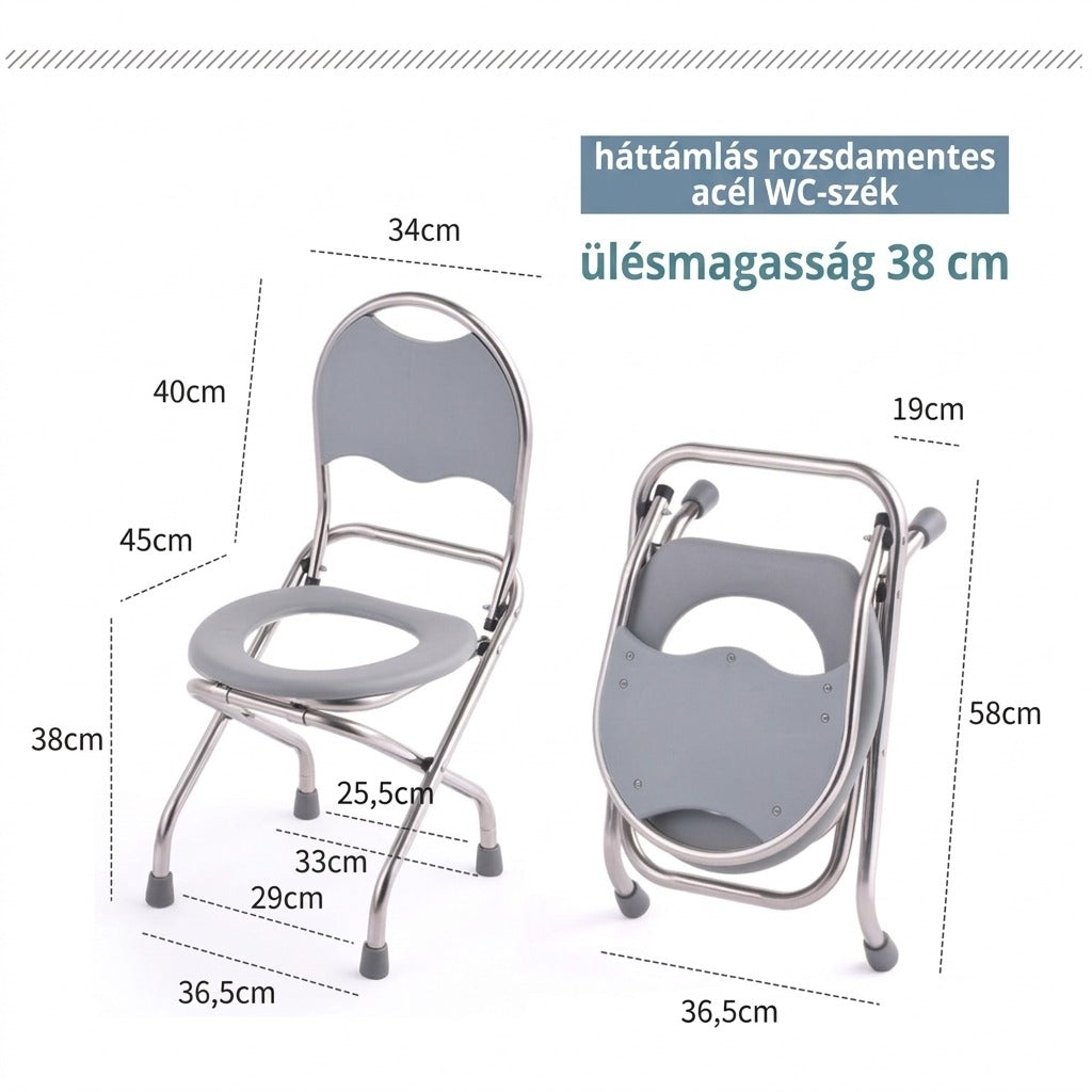 Összecsukható háttámlás rozsdamentes acél WC-szék méretekkel nyitott és csukott állapotban.