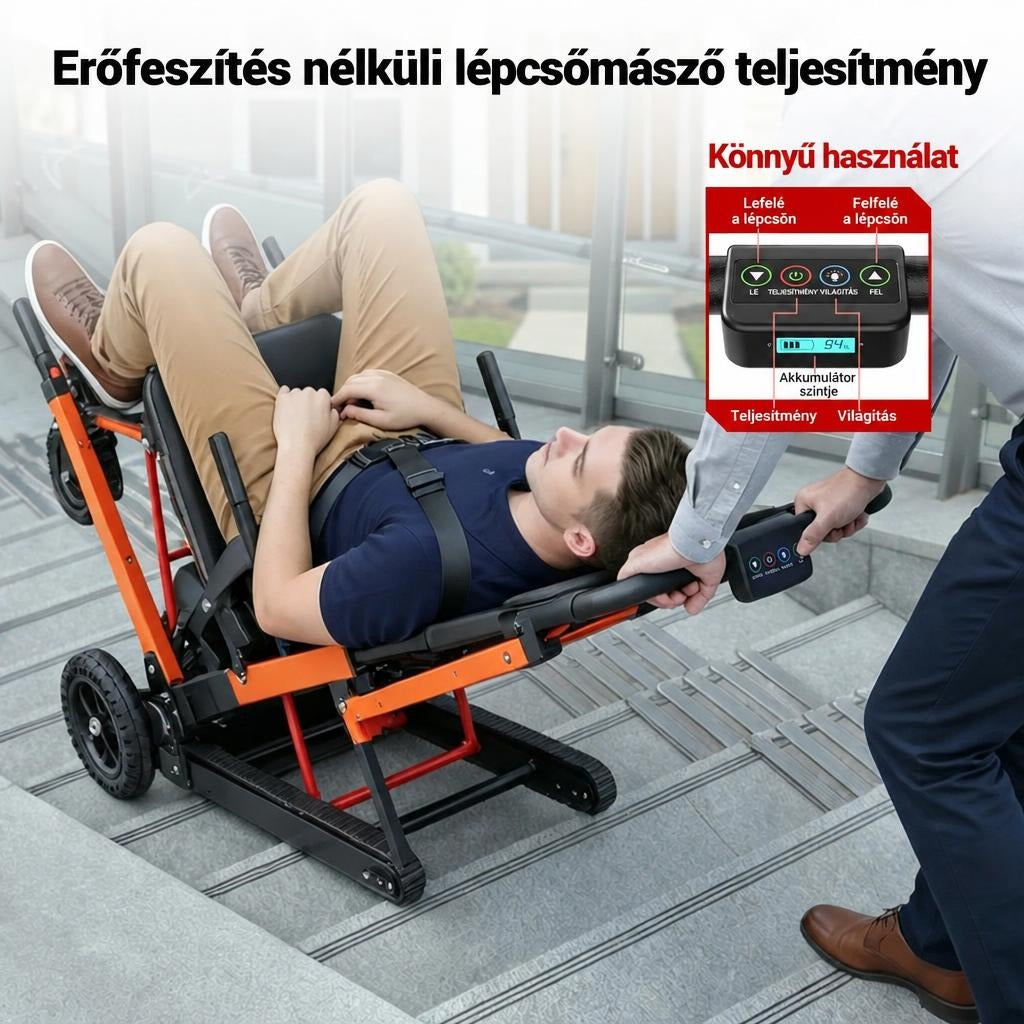 Elektromos lépcsőmászó szék használat közben és a kezelőpanel részletei.