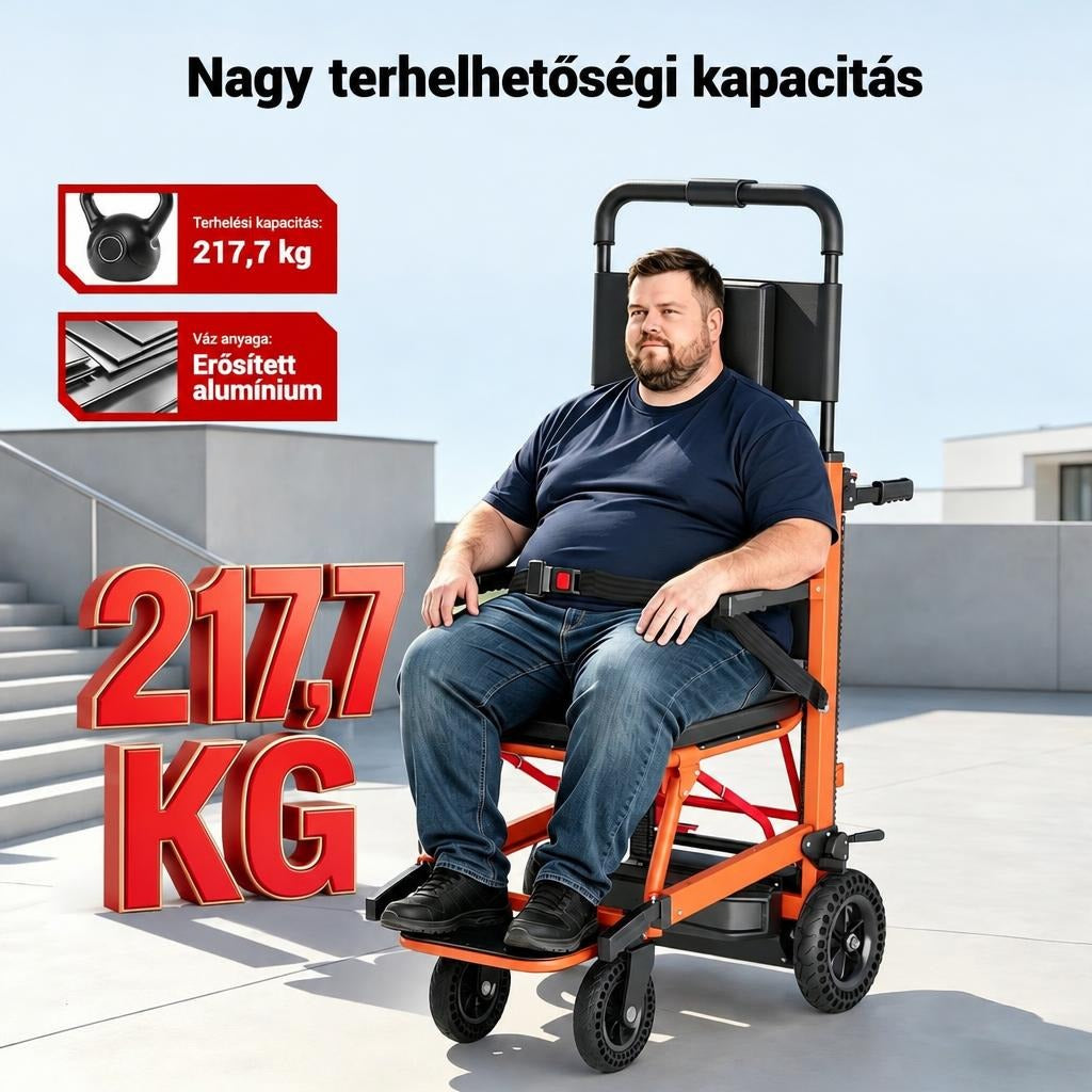 Férfi ül a lépcsőjáró székben, mellette a 217,7 kg terhelhetőség és az erősített alumínium váz adatai láthatók.