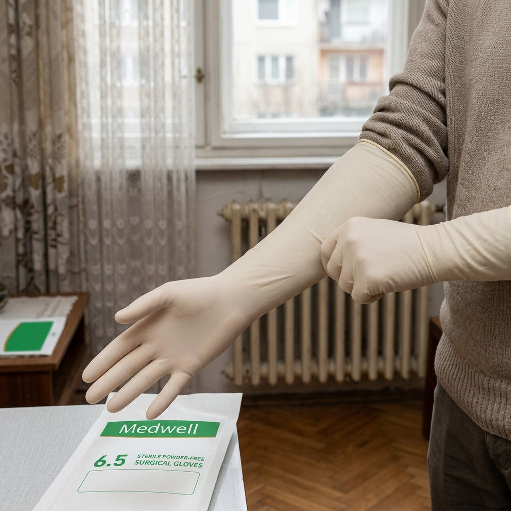 Steril, púdermentes sebészeti kesztyű - használat közben