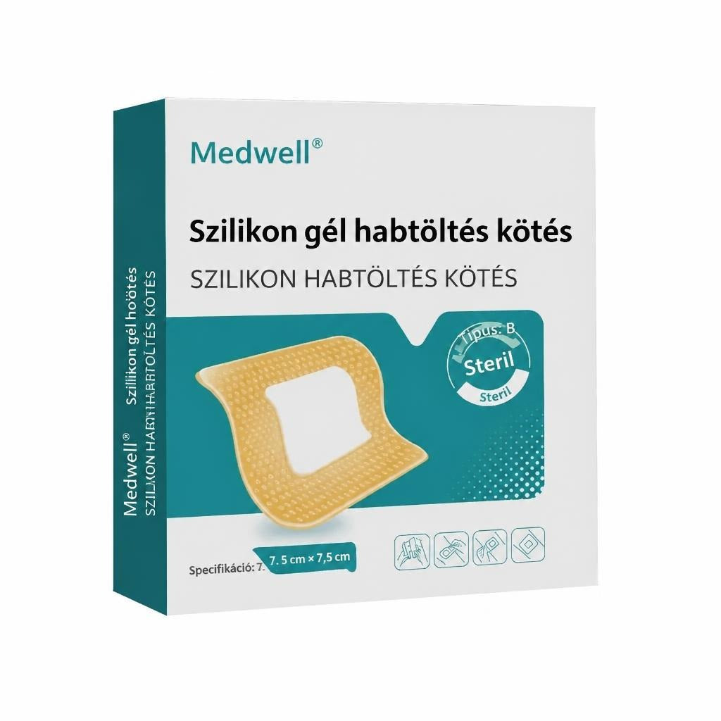 Medwell szilikon habkötszer doboza és egy sebtapasz illusztrációja.