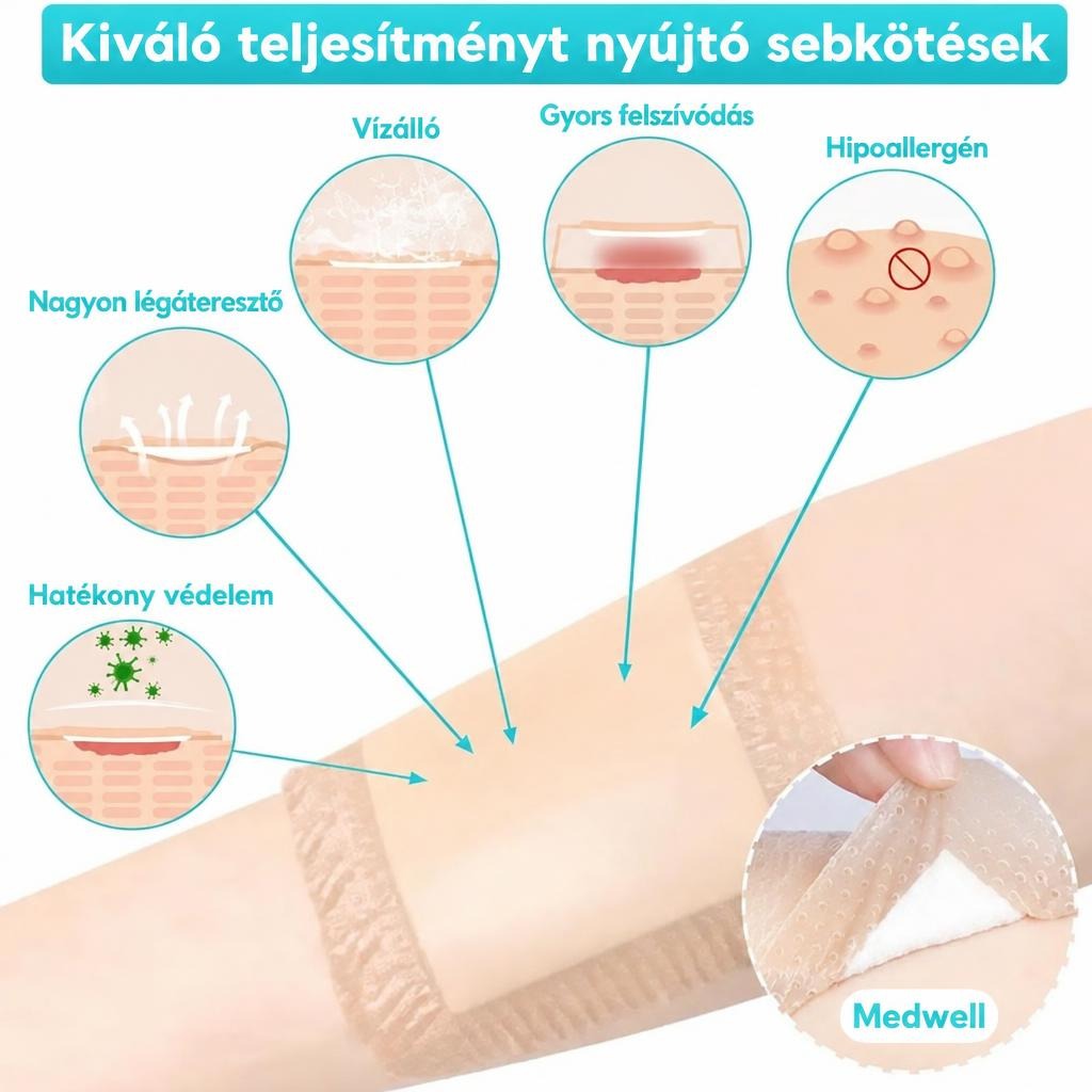 A Medwell sebkötés előnyös tulajdonságainak és felépítésének részletes bemutatása.